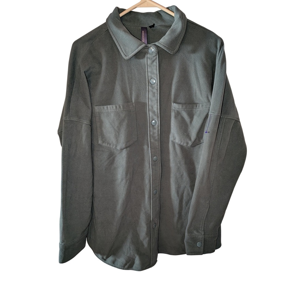 Mondetta Womens Fleece Shacket Olive Green Snap Front Shirt Jacket Large L